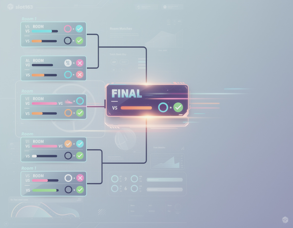 Ilustrasi match day announcement dan final recap dalam event slot163 dengan bracket, room match, dan catatan skor slot163